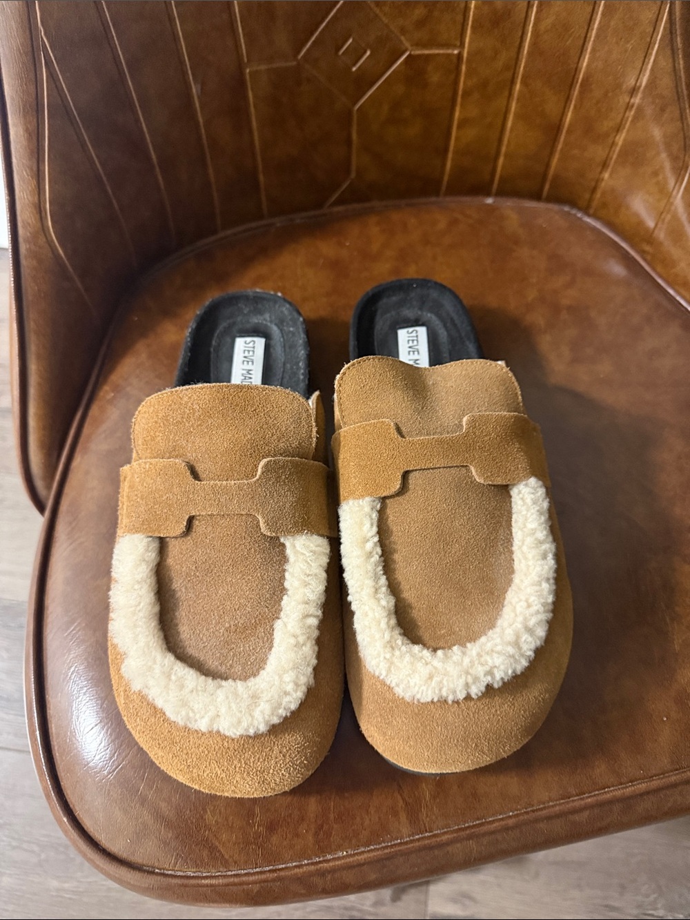 Steve Madden women’s Tan Suede Slip-On Mules with Cream Shearling Trim